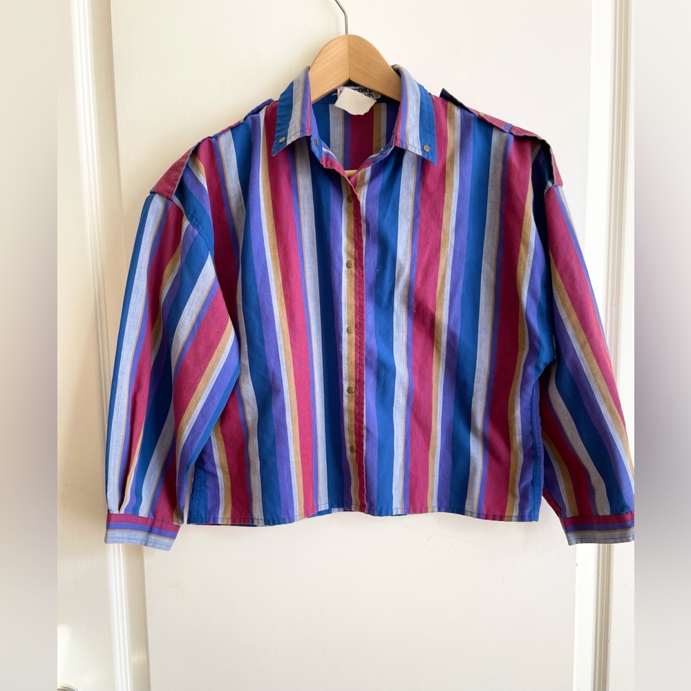 Vintage 1970s Striped Button Down Shirt Cropped  Size S Boxy Fit Retro Roller